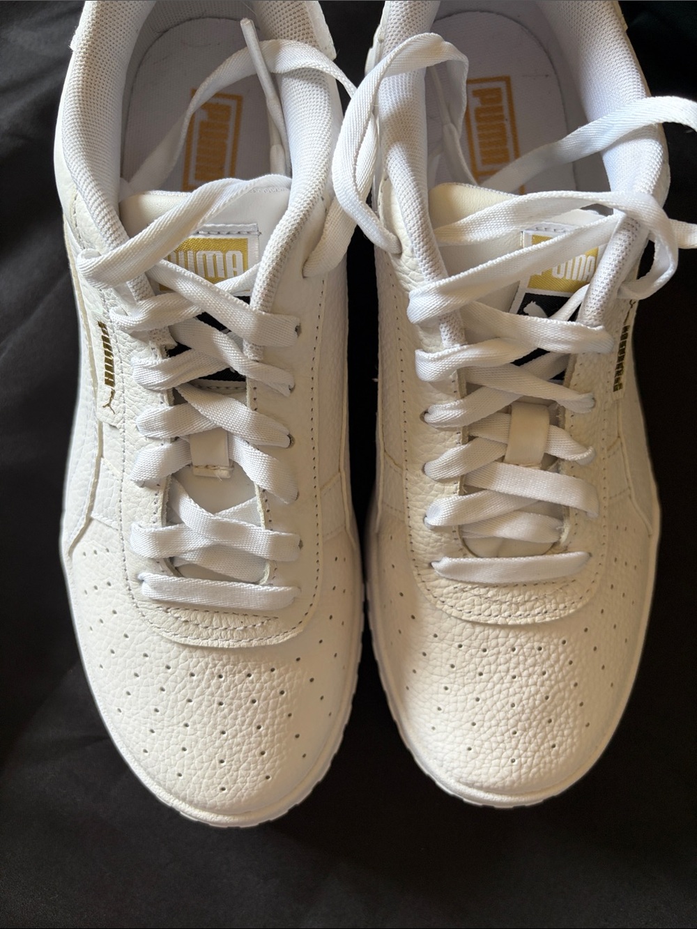 Puma White Leather Lace-Up Sneakers with Gold Logo Trim